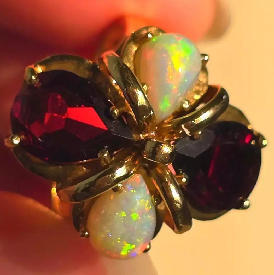 Magnificent Vintage 10K Yellow Gold Natural Australian Opal & Garnet Statement Ring, Size 6.25 Estate Flower Cocktail Ring, Fancy opal ring