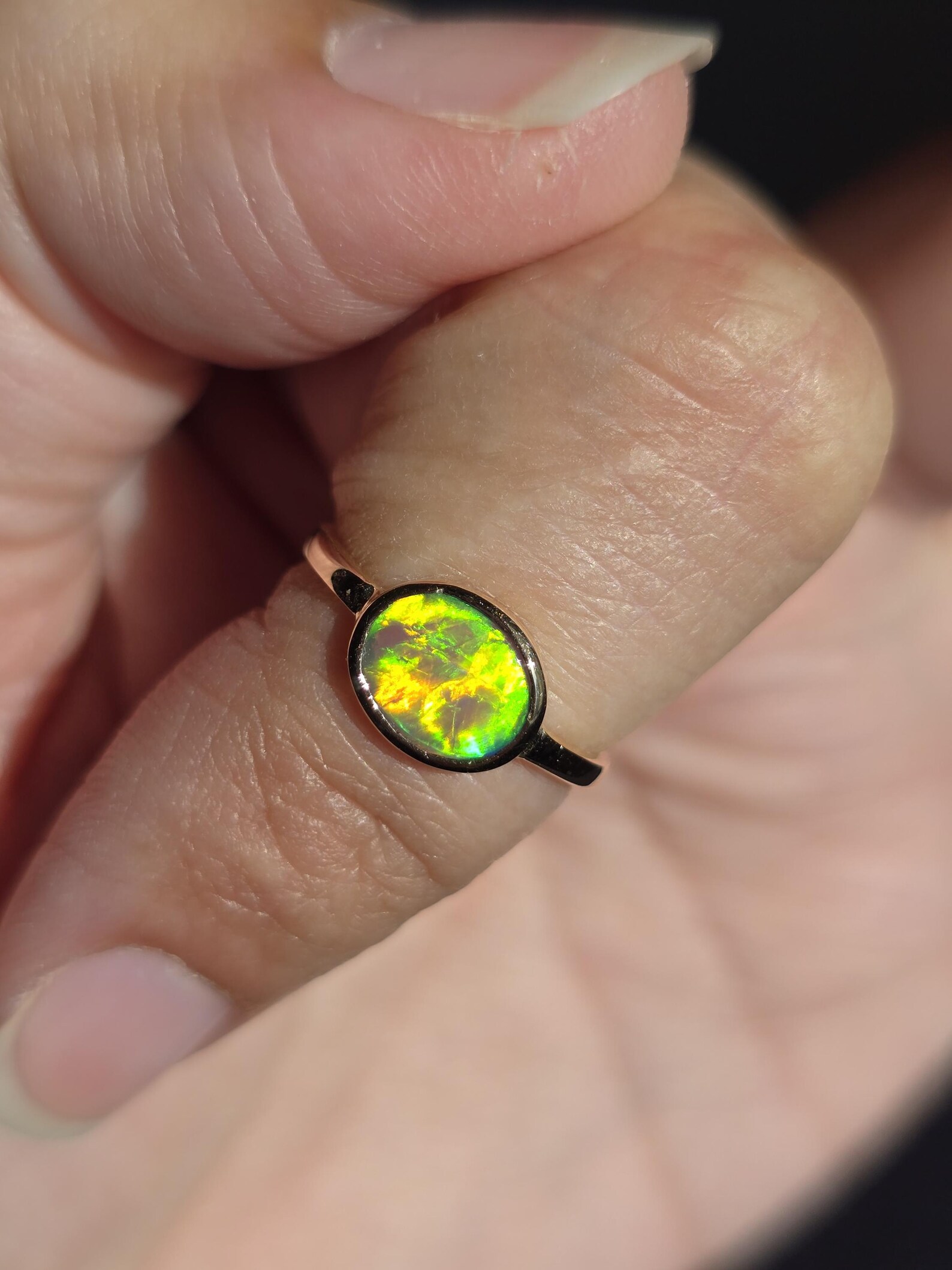 NEON Solid 9k Gold Natural Australian Opal Ring Size 4, Genuine Black Opal Ring, Fine Gold Opal Ring Jewelry Birthstone Engagement ring thumbnail 15