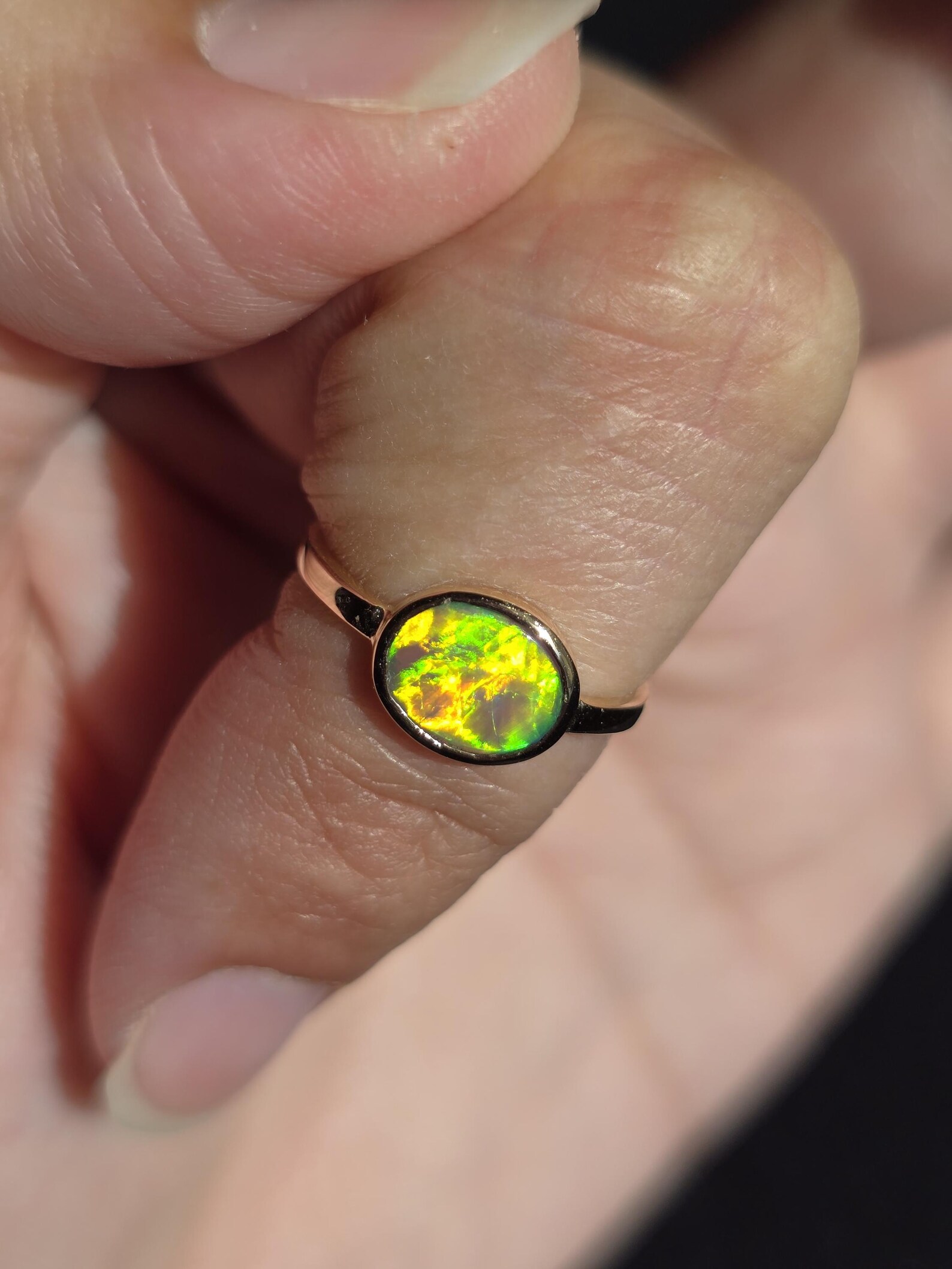NEON Solid 9k Gold Natural Australian Opal Ring Size 4, Genuine Black Opal Ring, Fine Gold Opal Ring Jewelry Birthstone Engagement ring thumbnail 16