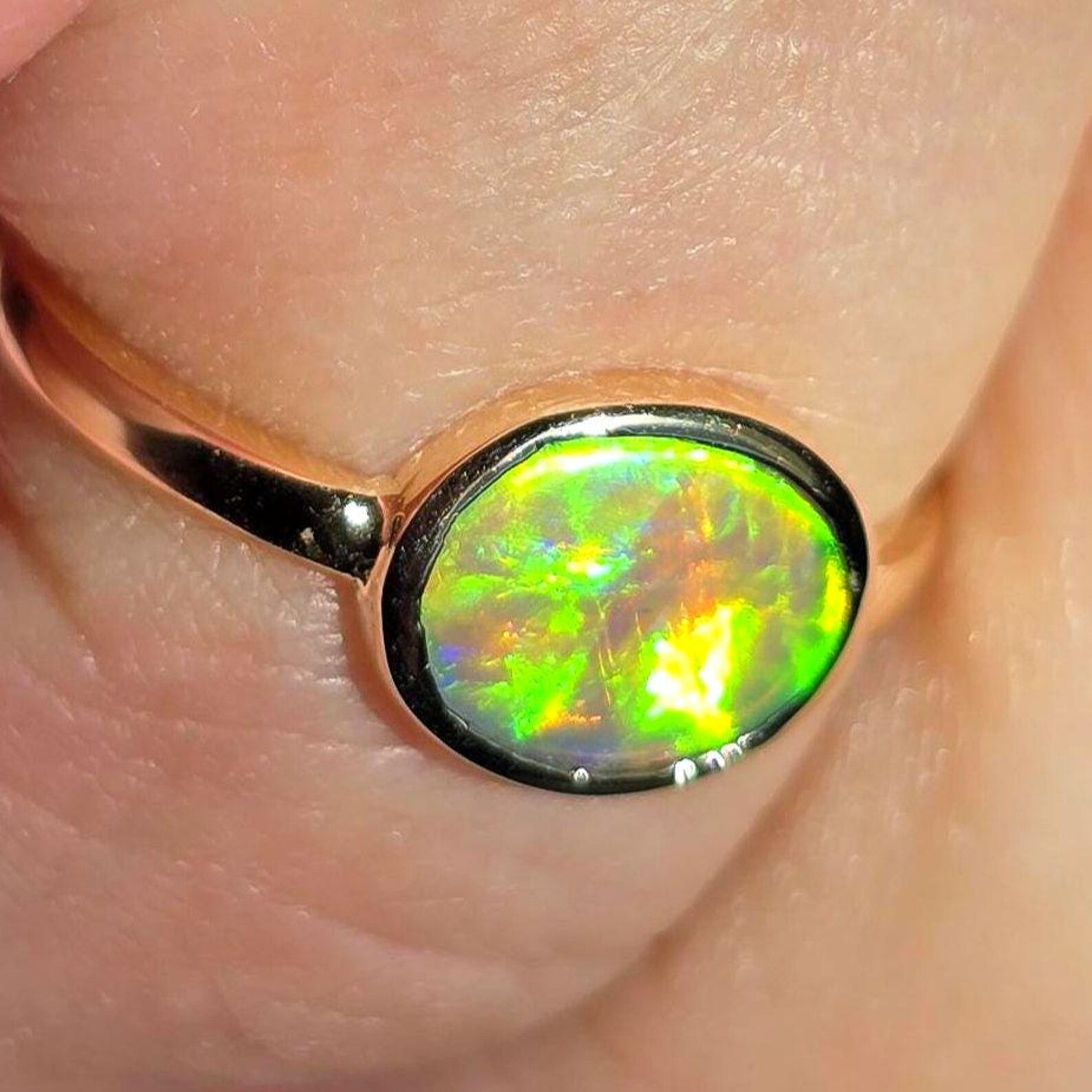 NEON Solid 9k Gold Natural Australian Opal Ring Size 4, Genuine Black Opal Ring, Fine Gold Opal Ring Jewelry Birthstone Engagement ring thumbnail 10