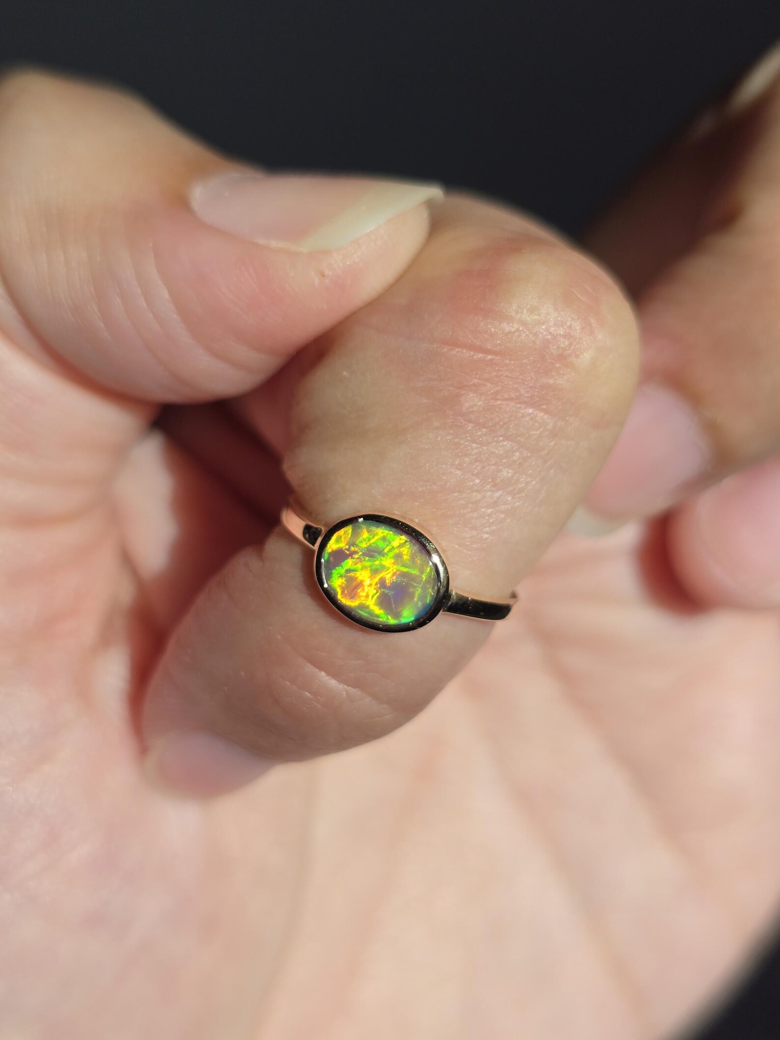 NEON Solid 9k Gold Natural Australian Opal Ring Size 4, Genuine Black Opal Ring, Fine Gold Opal Ring Jewelry Birthstone Engagement ring thumbnail 17