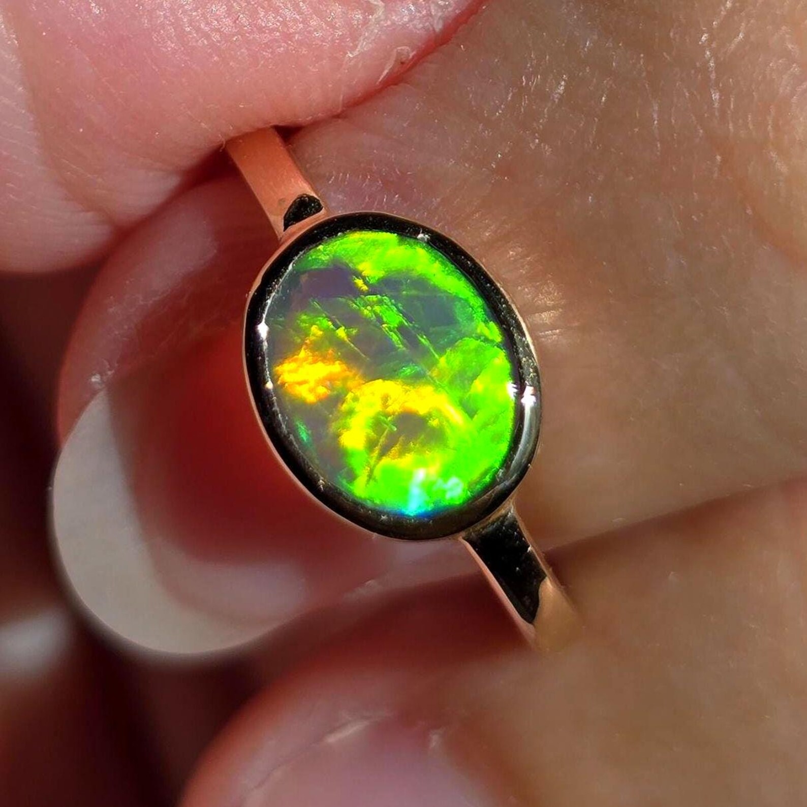NEON Solid 9k Gold Natural Australian Opal Ring Size 4, Genuine Black Opal Ring, Fine Gold Opal Ring Jewelry Birthstone Engagement ring thumbnail 9