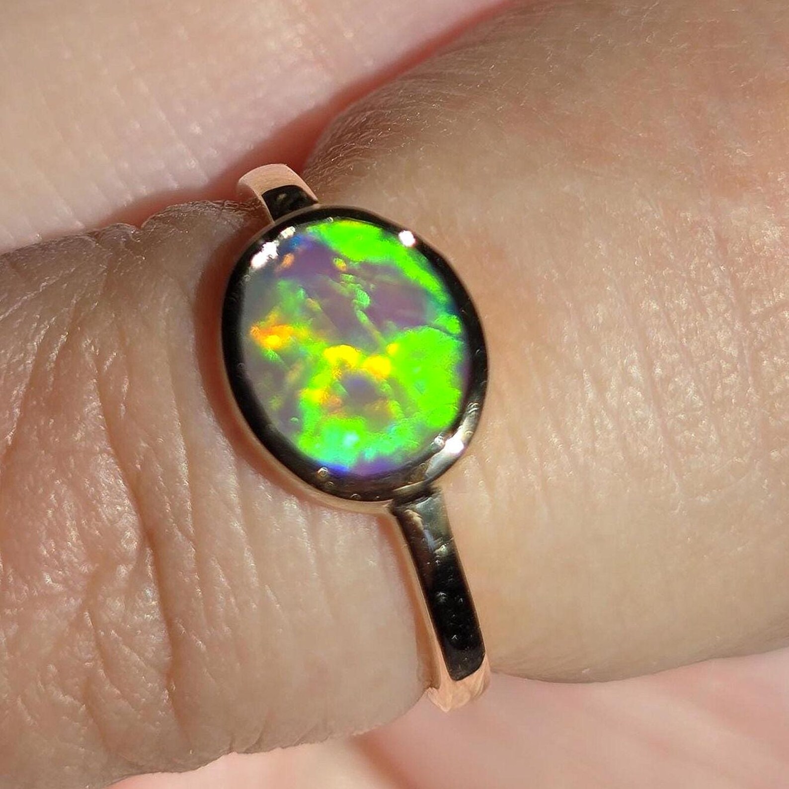 NEON Solid 9k Gold Natural Australian Opal Ring Size 4, Genuine Black Opal Ring, Fine Gold Opal Ring Jewelry Birthstone Engagement ring thumbnail 12