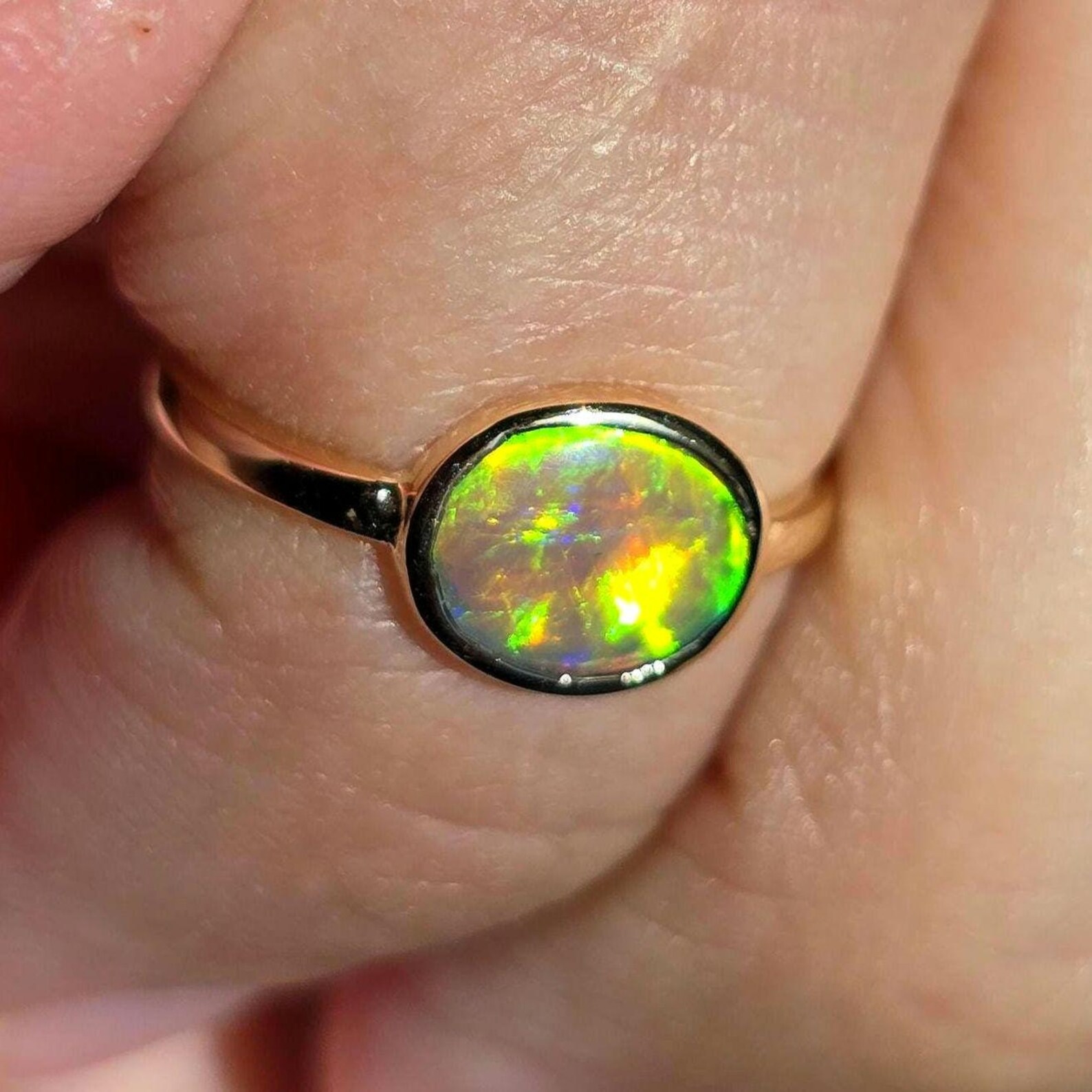 NEON Solid 9k Gold Natural Australian Opal Ring Size 4, Genuine Black Opal Ring, Fine Gold Opal Ring Jewelry Birthstone Engagement ring thumbnail 18