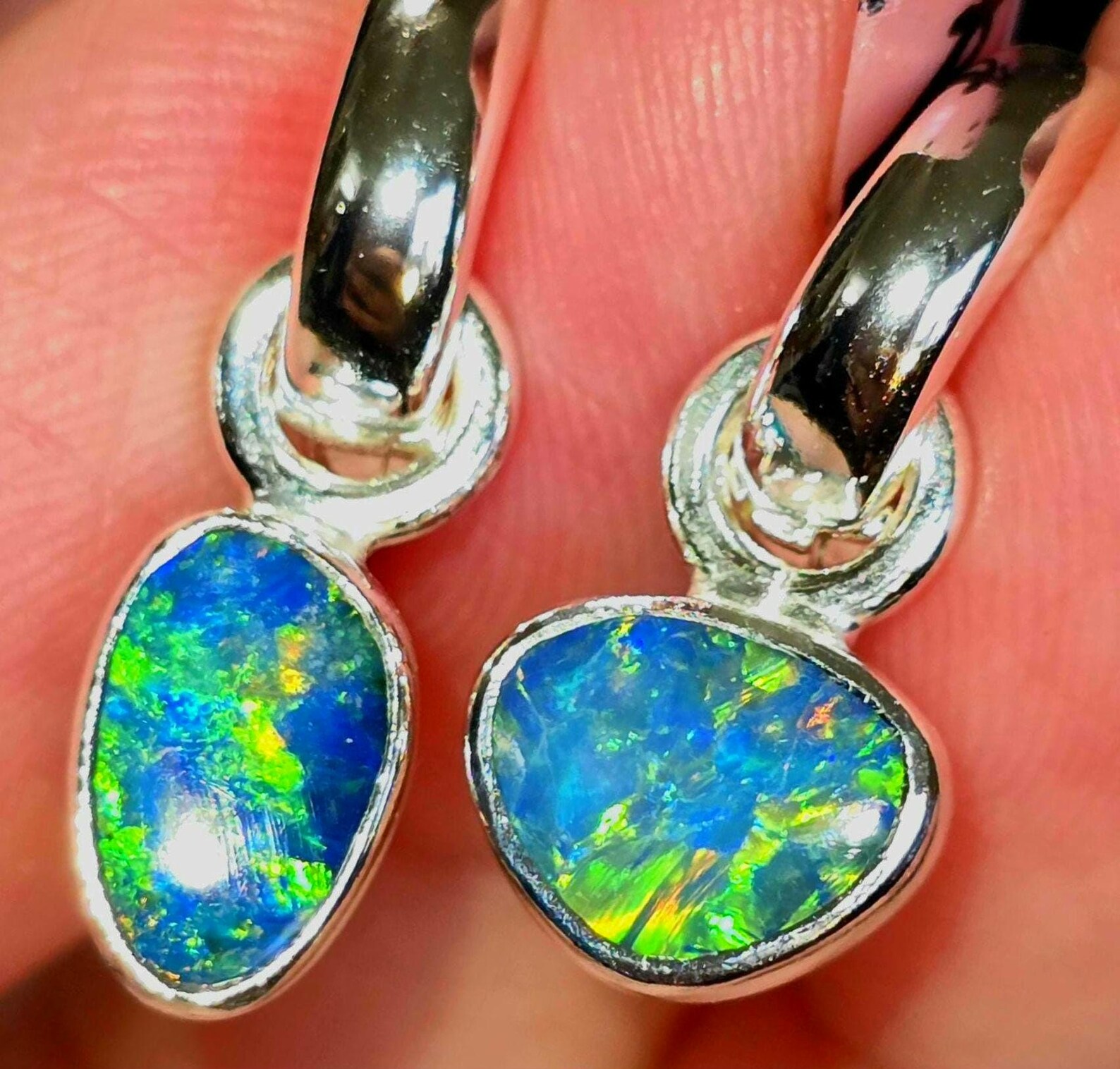 Natural Australian Opal Hoops 925 sterling silver 9 thumbnail 11