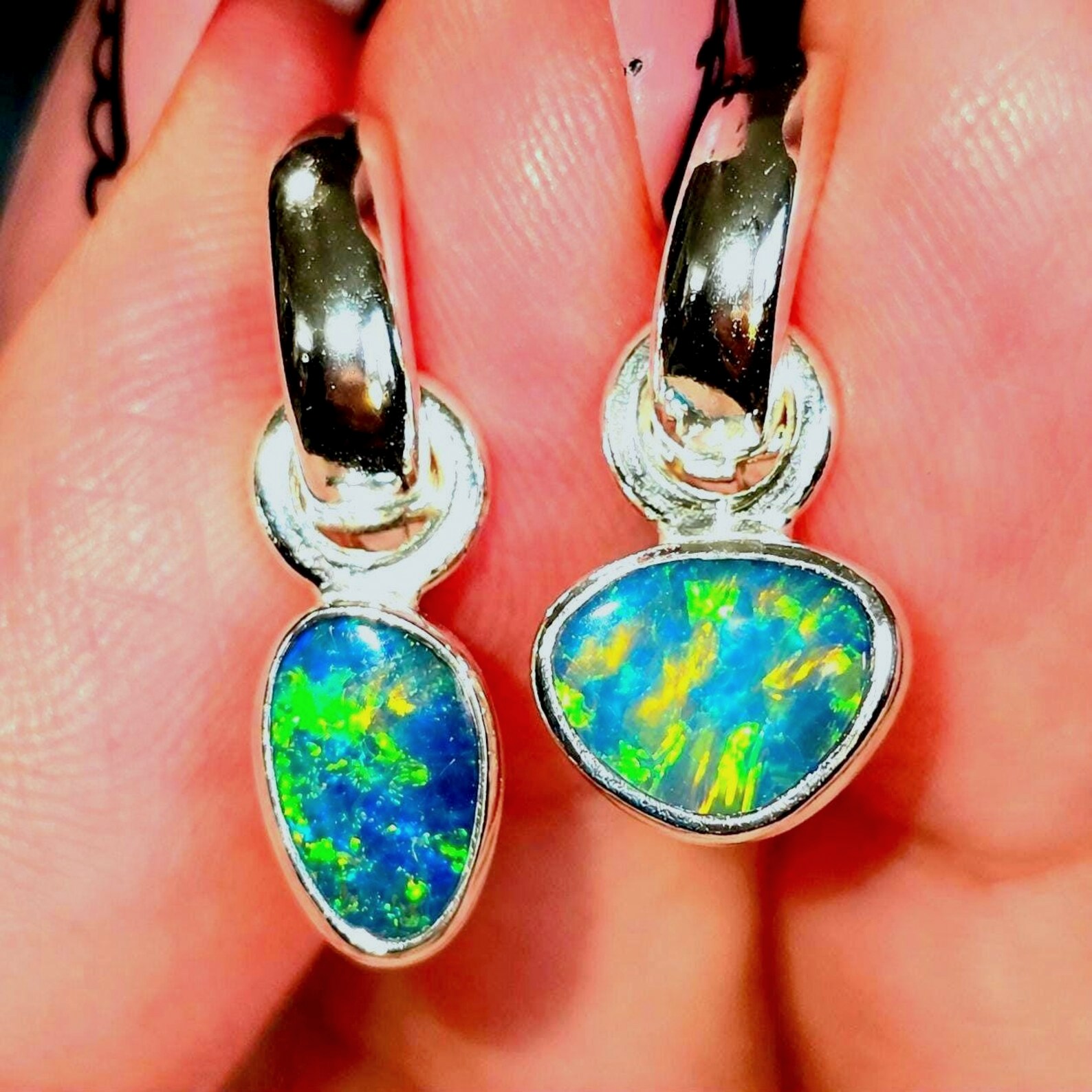 Natural Australian Opal Hoops 925 sterling silver 9 thumbnail 10