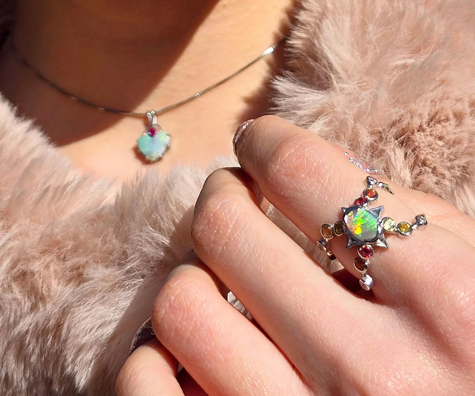 Natural Australian Opal Ring, 925 Silver, Sapphire, Size 5.75  thumbnail 7