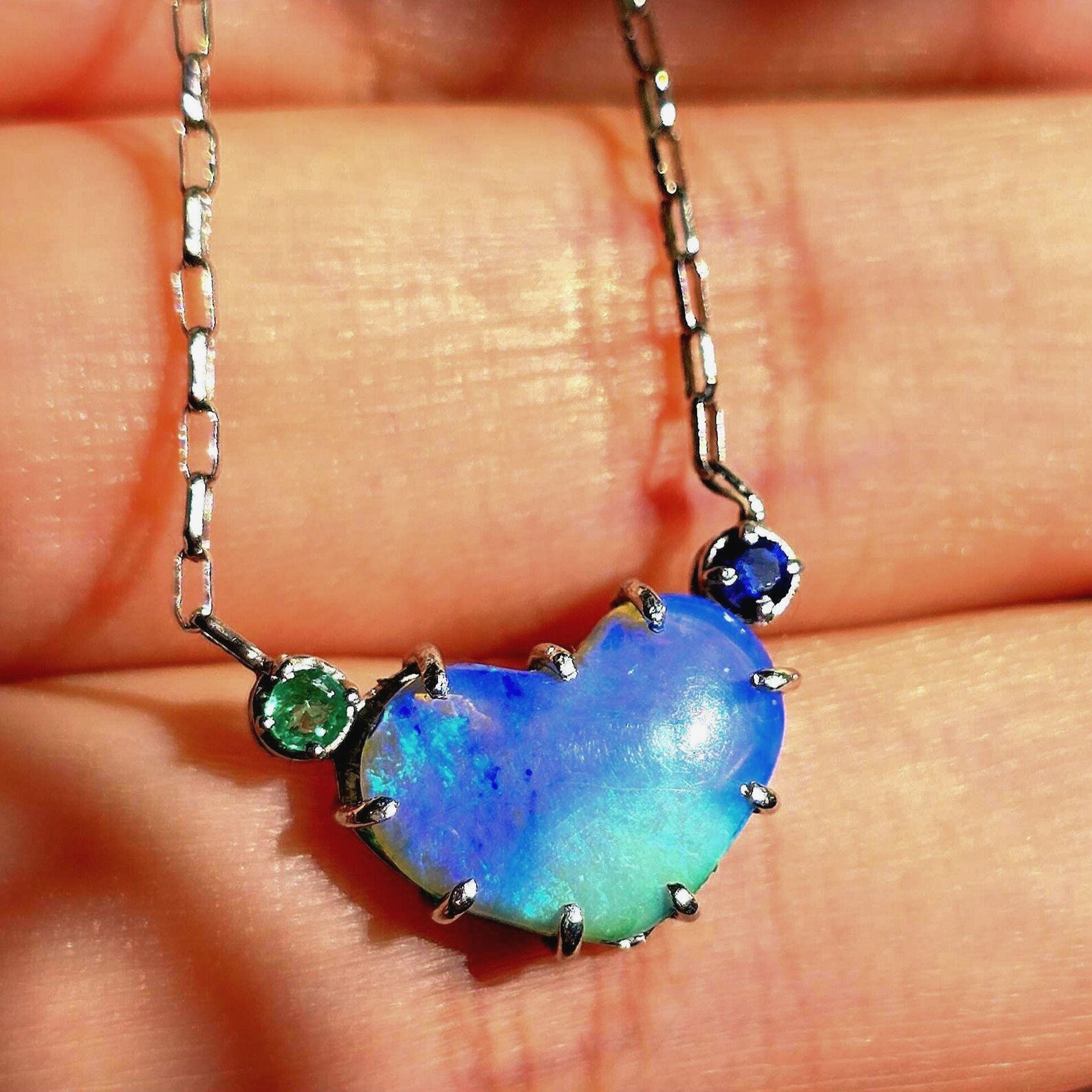 Natural Australian Opal Heart Necklace, Emerald Sapphire 925 Silver Blue Opal Pendant, Genuine Opal Jewelry Birthstone Women Lavender Purple thumbnail 14