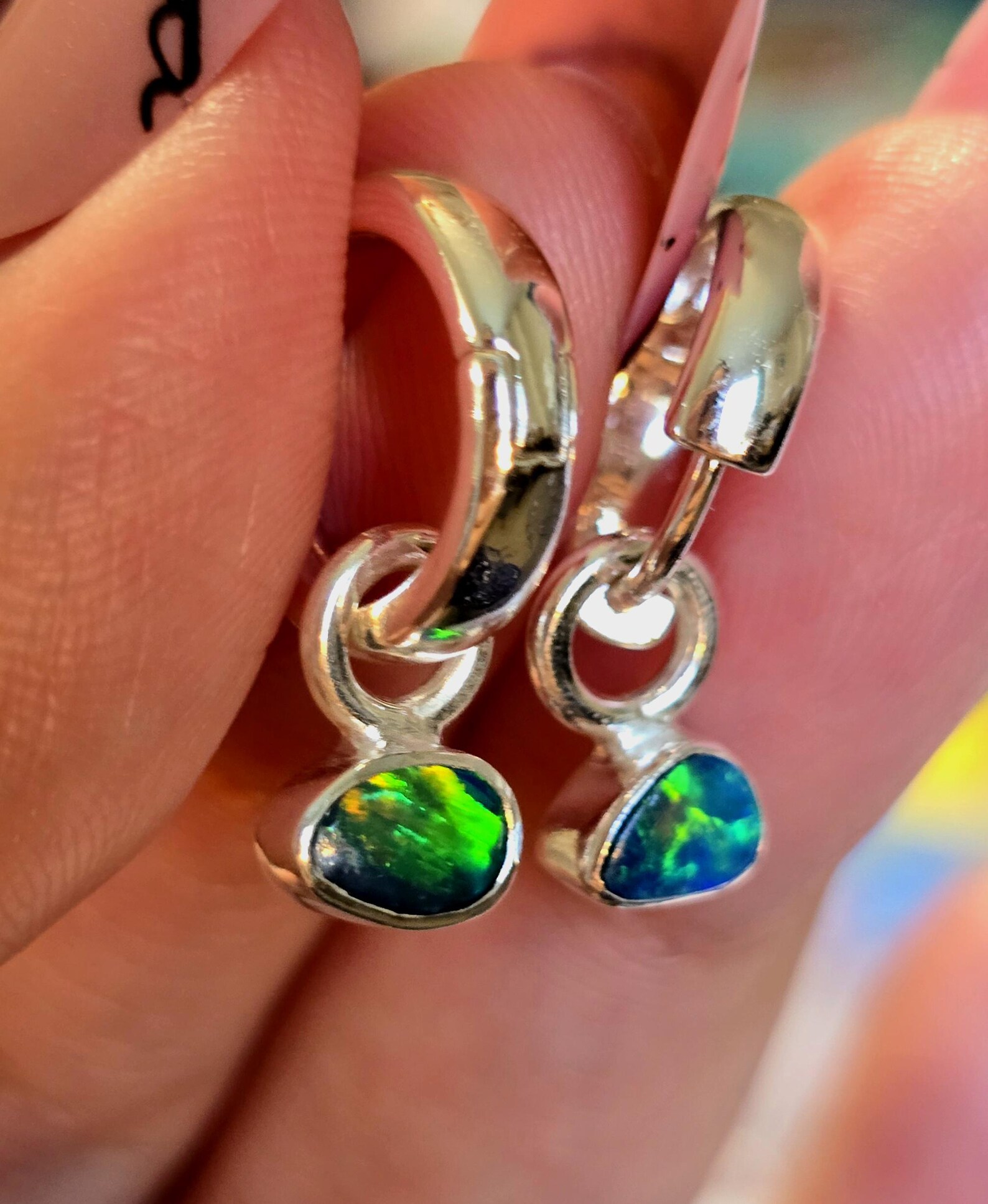 Natural Australian Opal Hoops 925 sterling silver 4 thumbnail 4