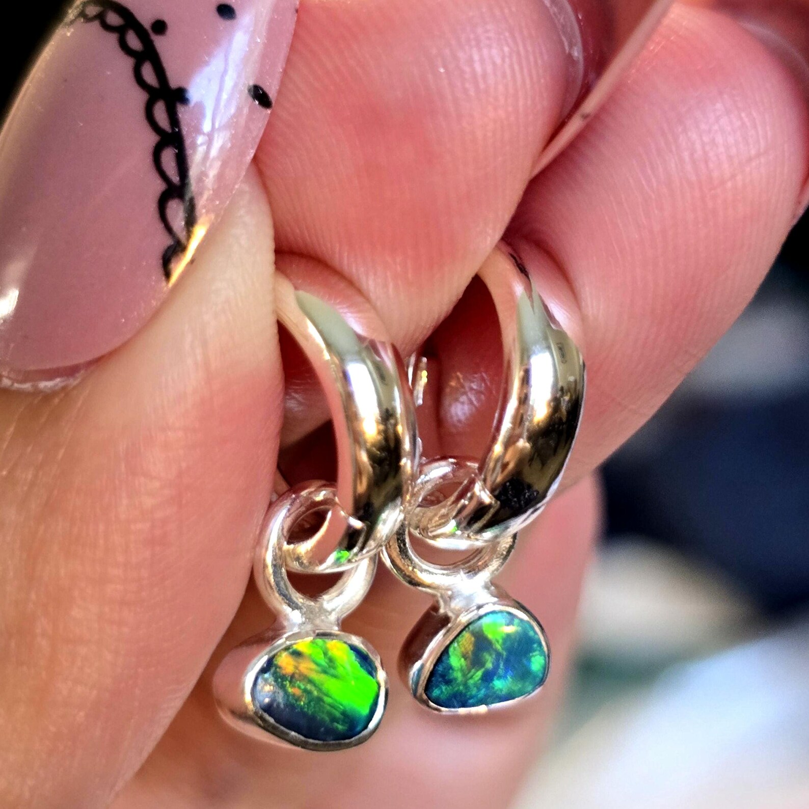 Natural Australian Opal Hoops 925 sterling silver 4 thumbnail 8