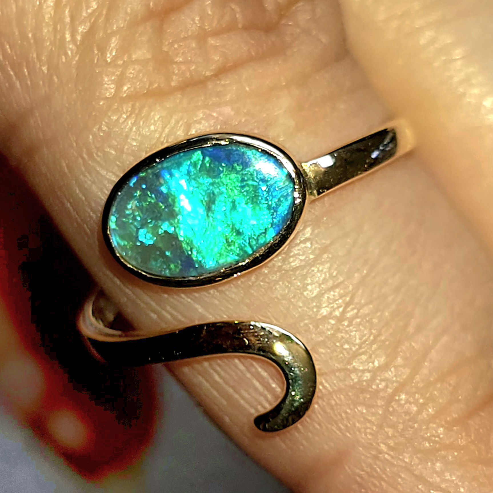 MAGIC - NEON Solid 10k Gold Natural Australian Black Opal Snake Ring
