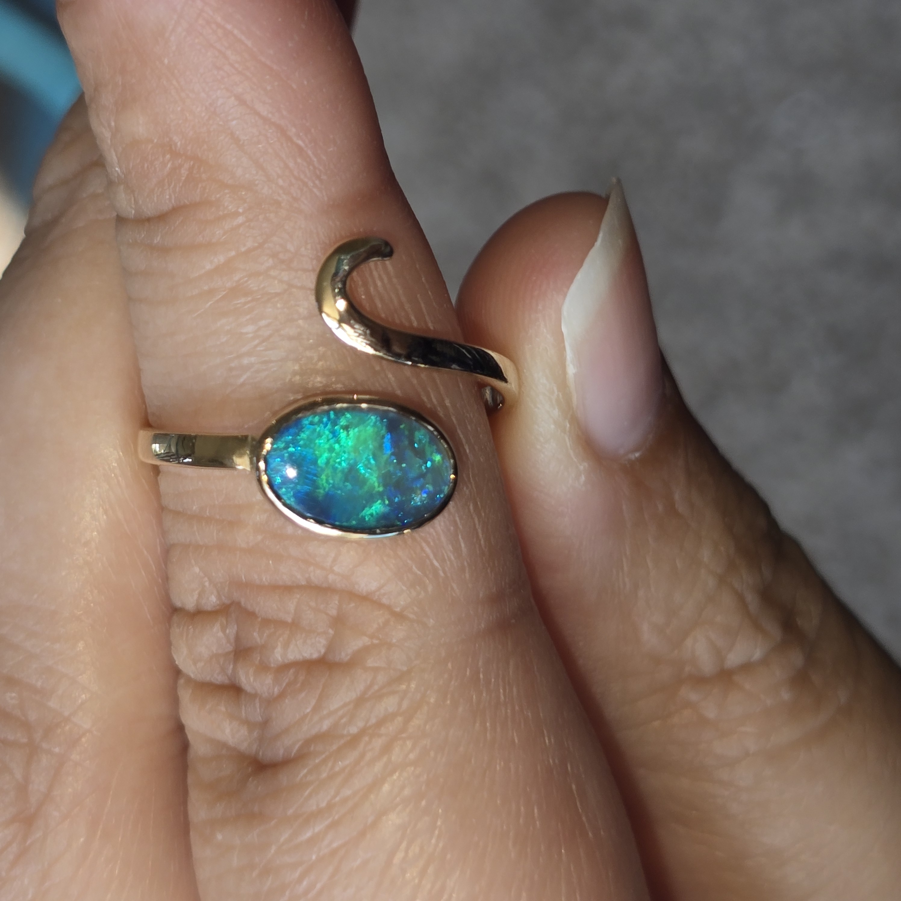 MAGIC - NEON Solid 10k Gold Natural Australian Black Opal Snake Ring thumbnail 16
