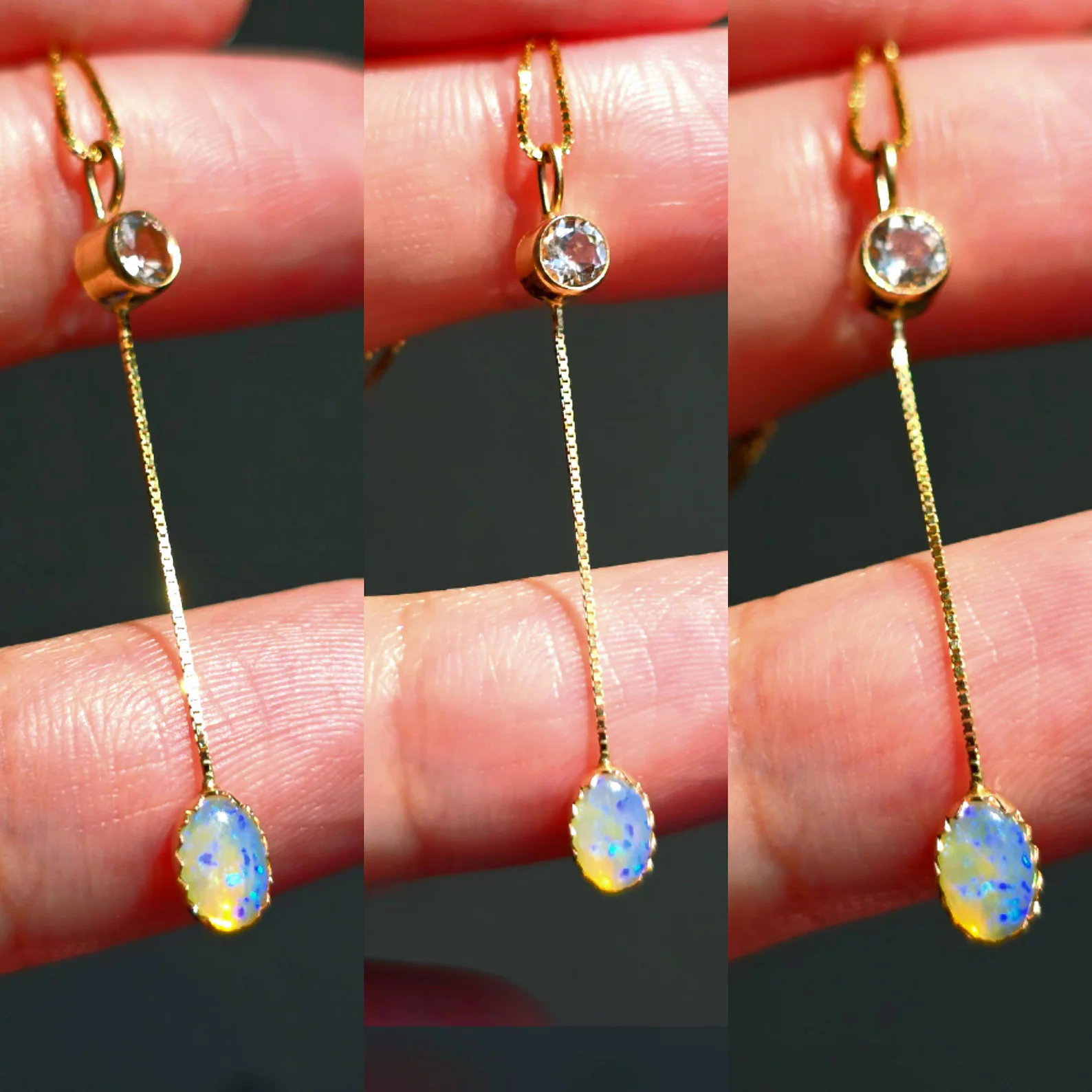 Lavender Lavalier -  Solid 14k Gold Natural Australian Opal Y Necklace, Champagne Zircon, Opal Choker with adjustable Box chain thumbnail 4