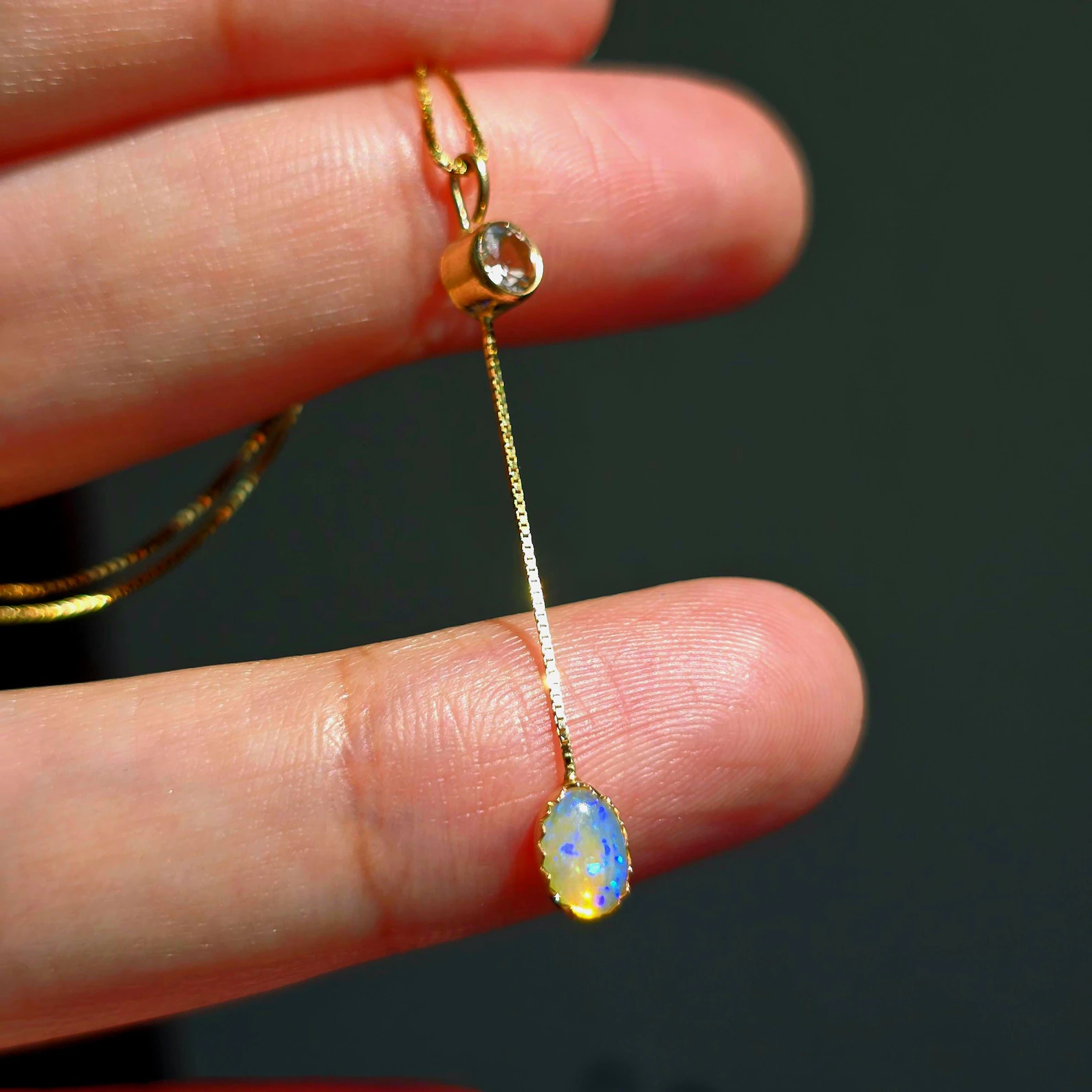 Lavender Lavalier -  Solid 14k Gold Natural Australian Opal Y Necklace, Champagne Zircon, Opal Choker with adjustable Box chain thumbnail 12