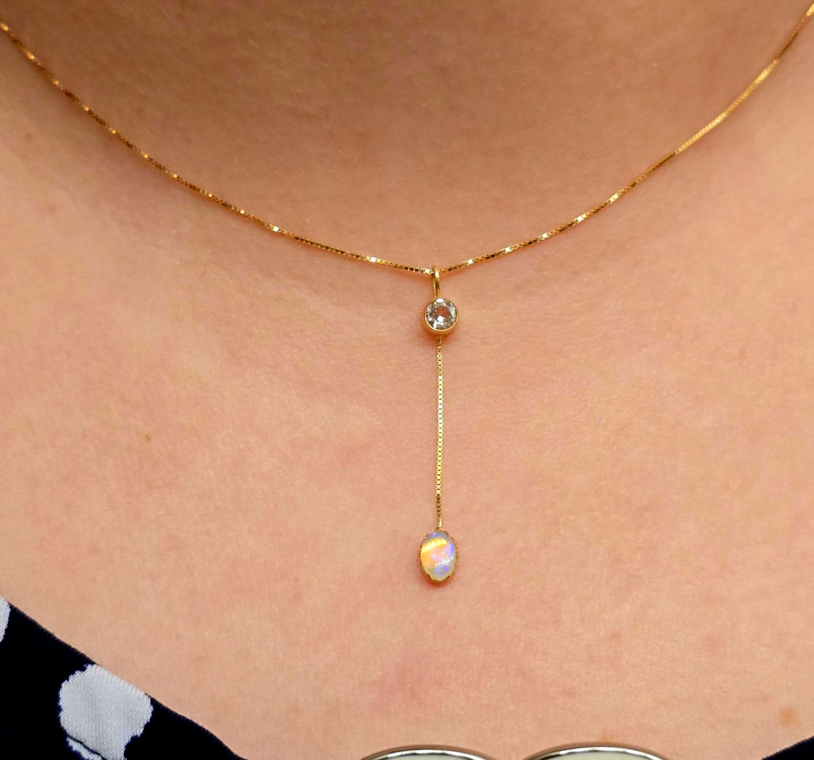 Lavender Lavalier -  Solid 14k Gold Natural Australian Opal Y Necklace, Champagne Zircon, Opal Choker with adjustable Box chain thumbnail 14