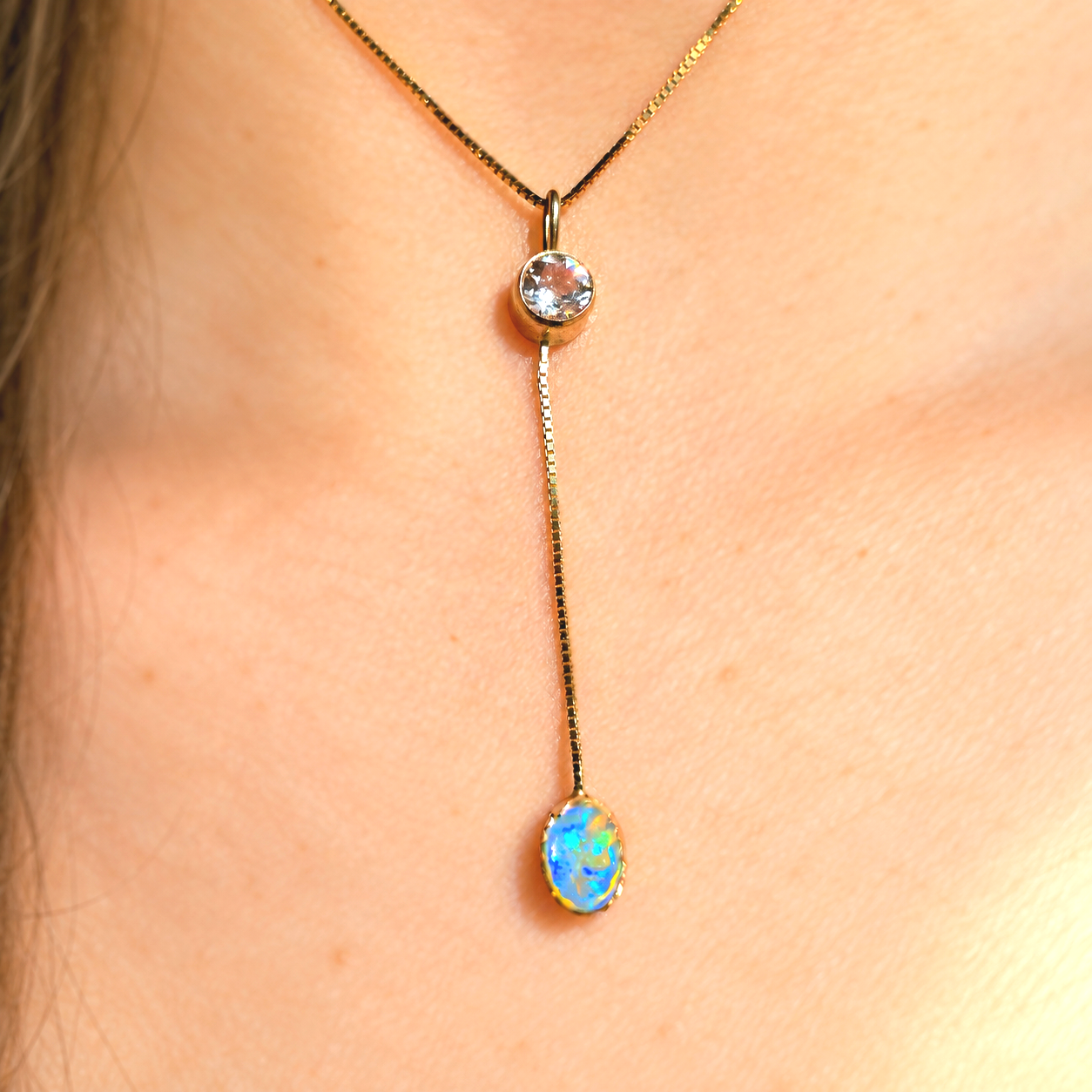 Lavender Lavalier -  Solid 14k Gold Natural Australian Opal Y Necklace, Champagne Zircon, Opal Choker with adjustable Box chain