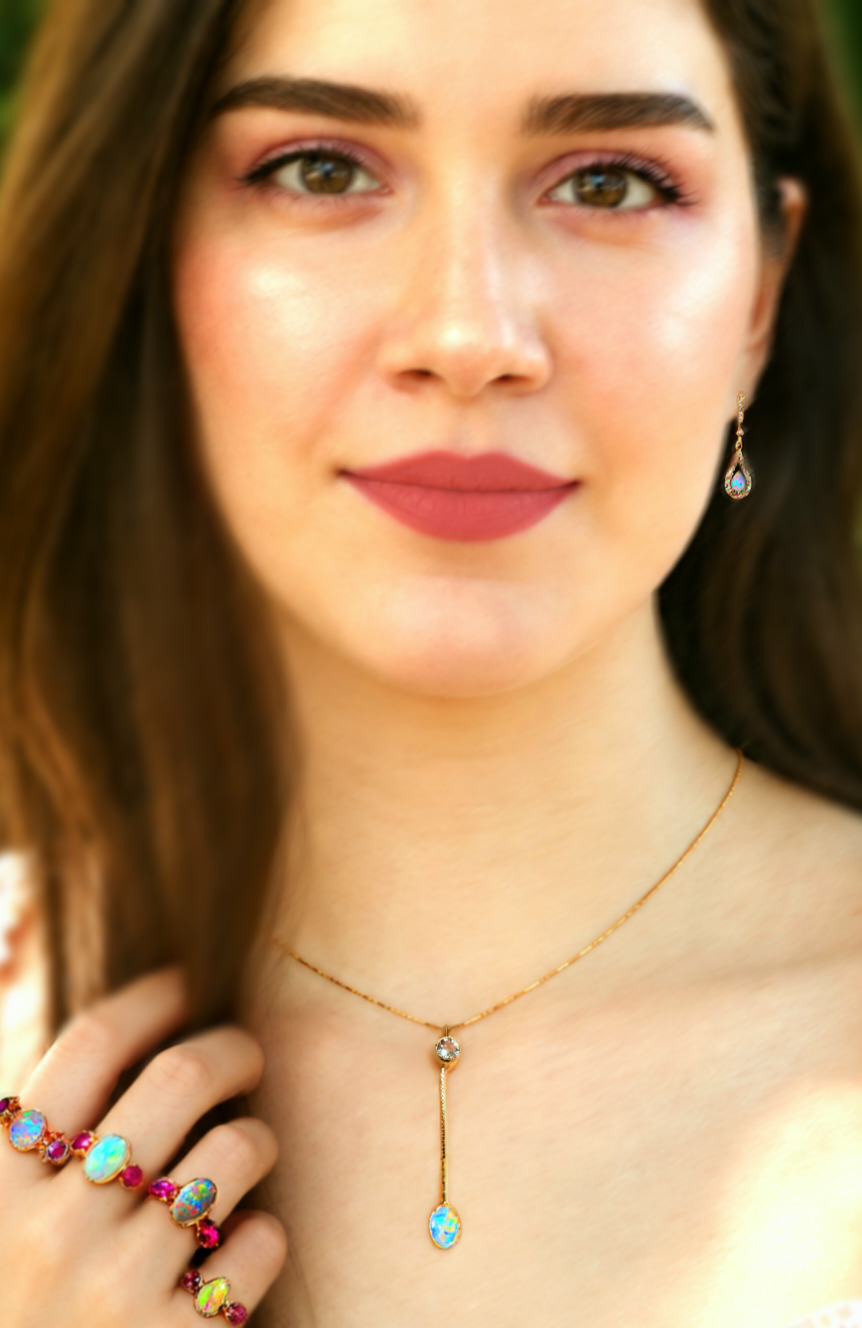 Lavender Lavalier -  Solid 14k Gold Natural Australian Opal Y Necklace, Champagne Zircon, Opal Choker with adjustable Box chain thumbnail 3