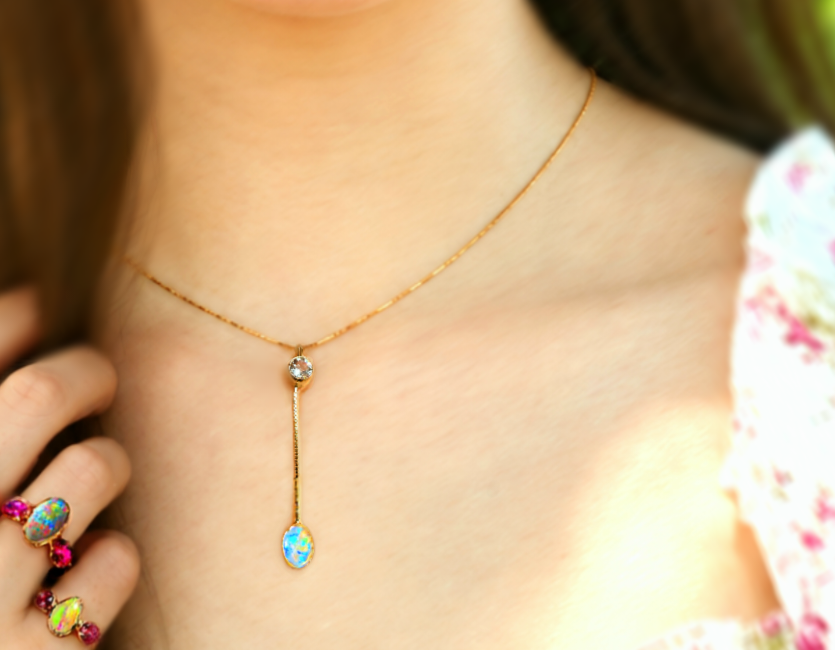 Lavender Lavalier -  Solid 14k Gold Natural Australian Opal Y Necklace, Champagne Zircon, Opal Choker with adjustable Box chain thumbnail 9
