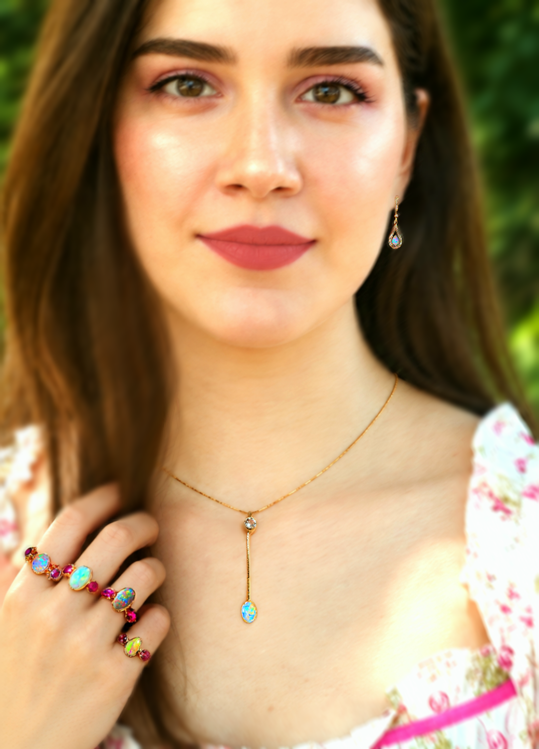 Lavender Lavalier -  Solid 14k Gold Natural Australian Opal Y Necklace, Champagne Zircon, Opal Choker with adjustable Box chain thumbnail 11
