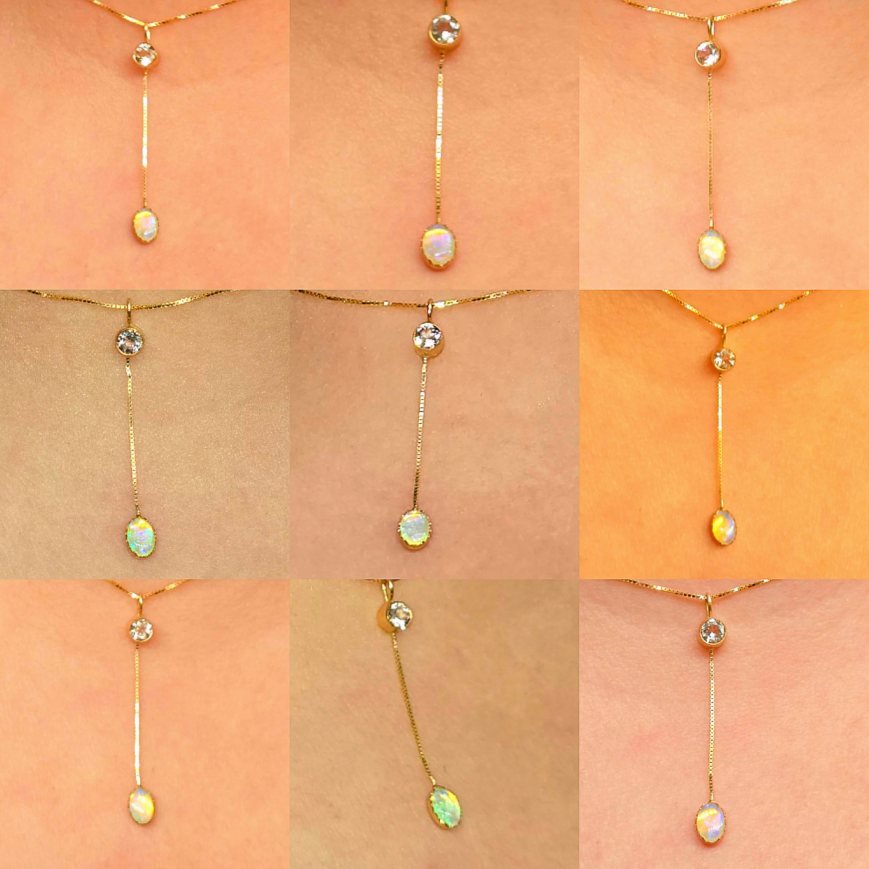Lavender Lavalier -  Solid 14k Gold Natural Australian Opal Y Necklace, Champagne Zircon, Opal Choker with adjustable Box chain thumbnail 10