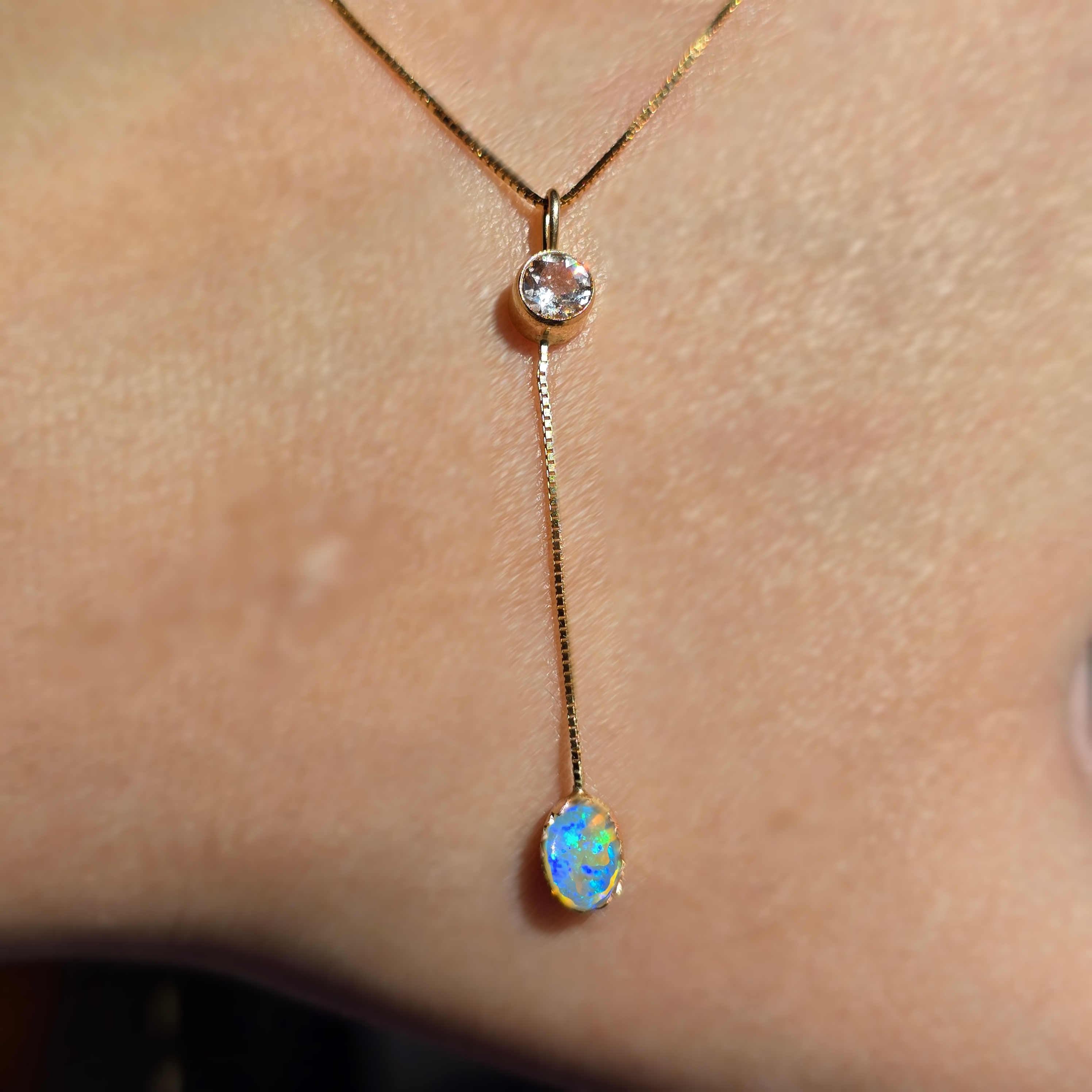 Lavender Lavalier -  Solid 14k Gold Natural Australian Opal Y Necklace, Champagne Zircon, Opal Choker with adjustable Box chain thumbnail 8