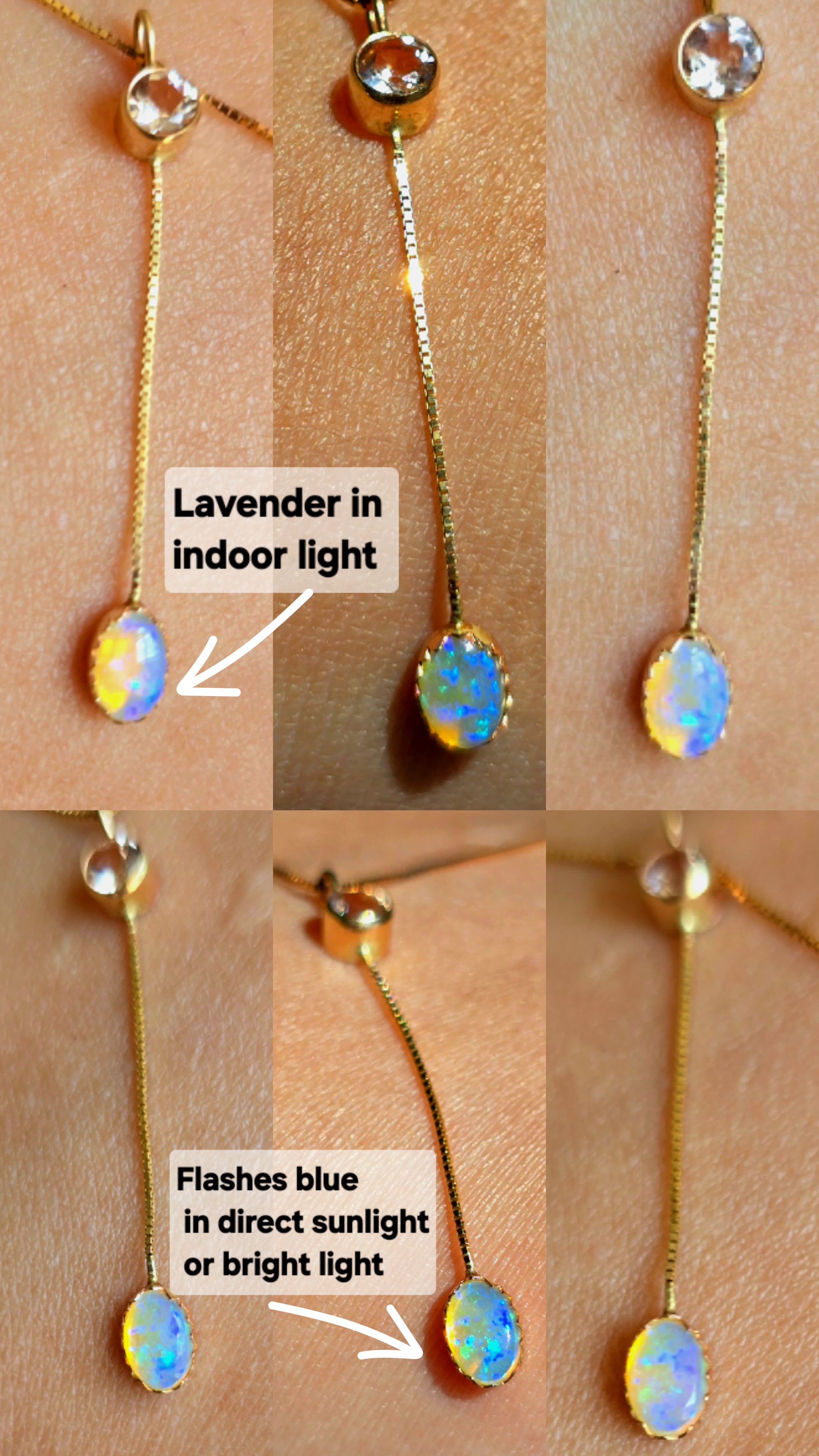 Lavender Lavalier -  Solid 14k Gold Natural Australian Opal Y Necklace, Champagne Zircon, Opal Choker with adjustable Box chain thumbnail 5